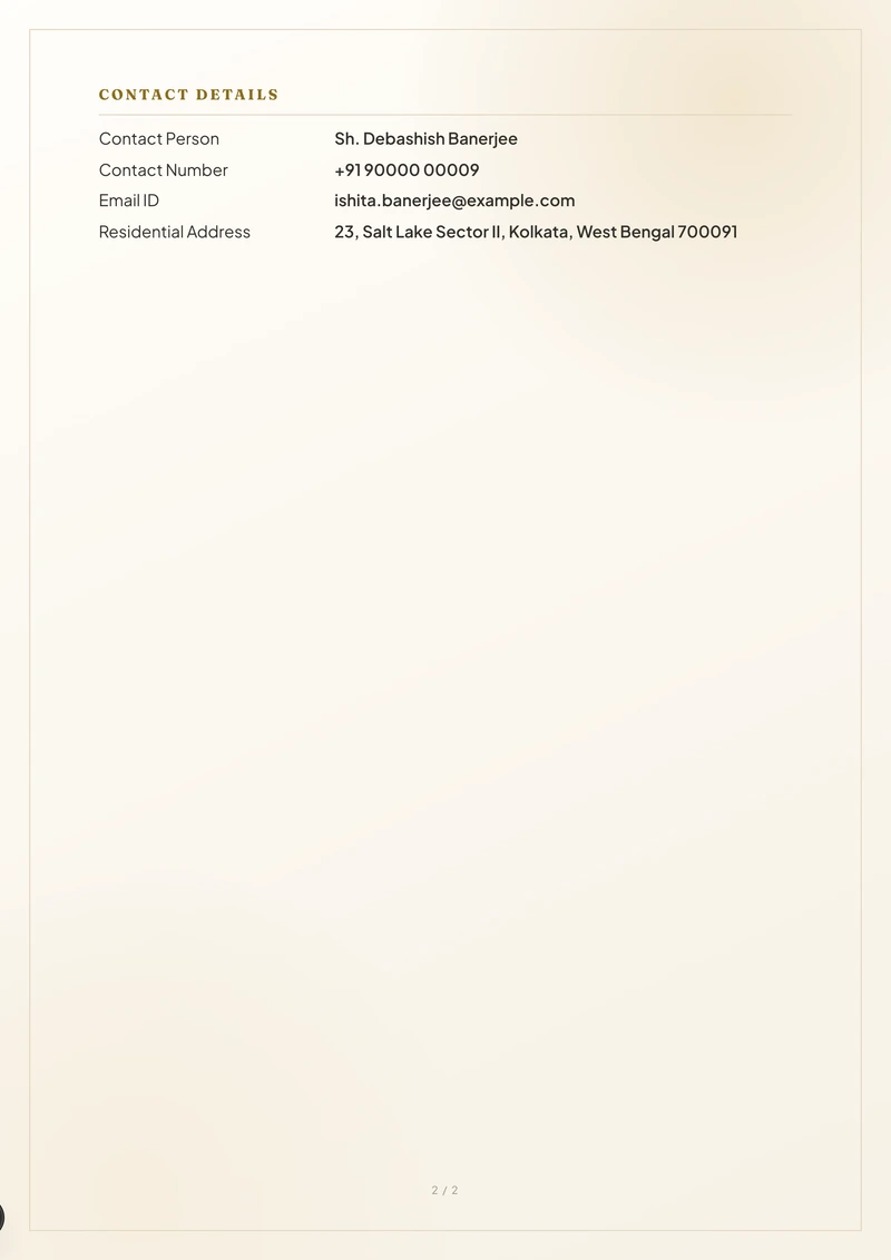 Inside the Ivory marriage biodata template — a details page with personal, family and contact information