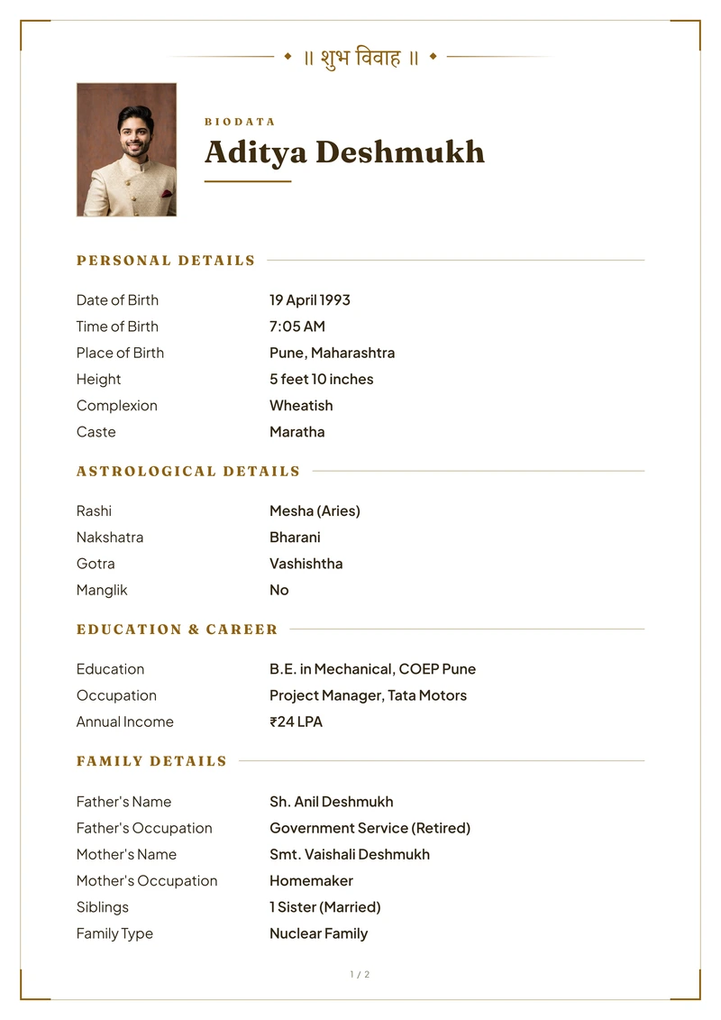 Modern Gold marriage biodata template — a clean A4 sheet with a passport-style portrait beside the name and no cover page