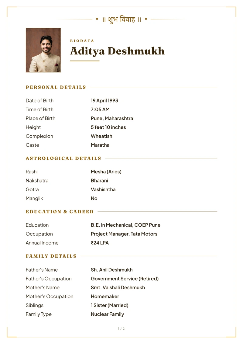 Gold marriage biodata template — the modern layout in gold