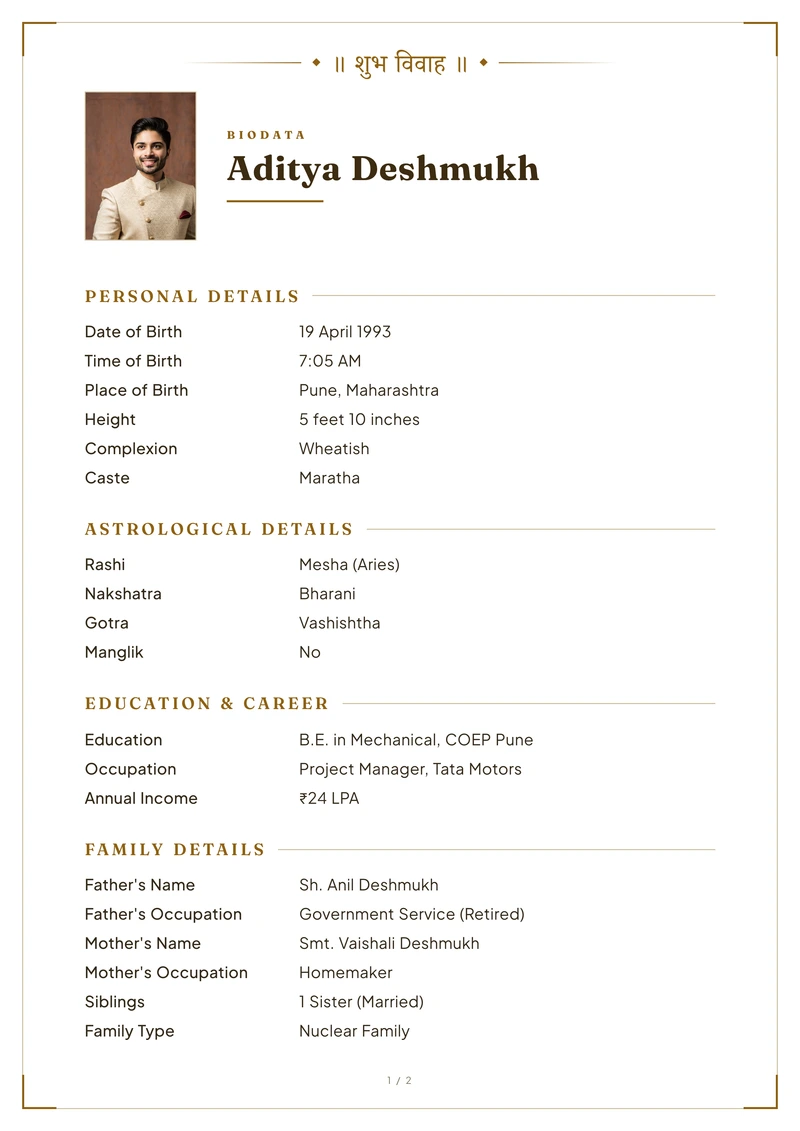 Modern Gold marriage biodata template — a clean A4 sheet with a passport-style portrait beside the name and no cover page