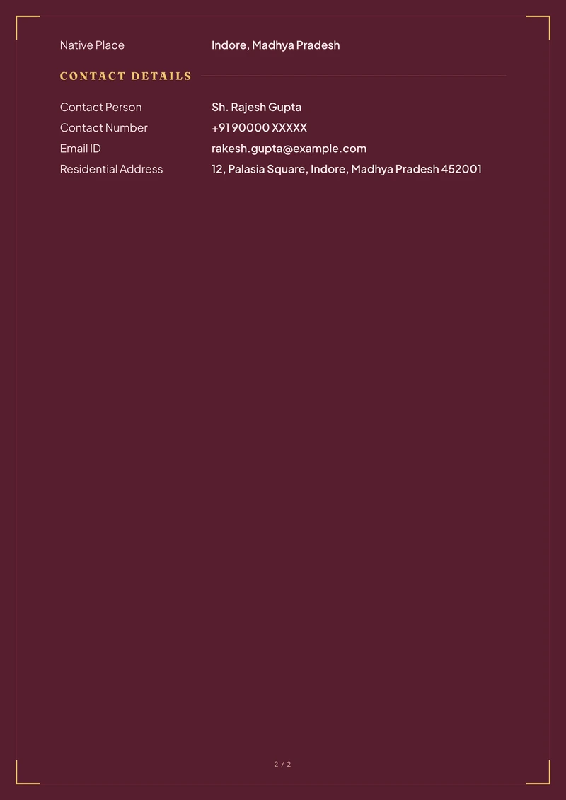 Inside the Maroon marriage biodata template — a details page with personal, family and contact information