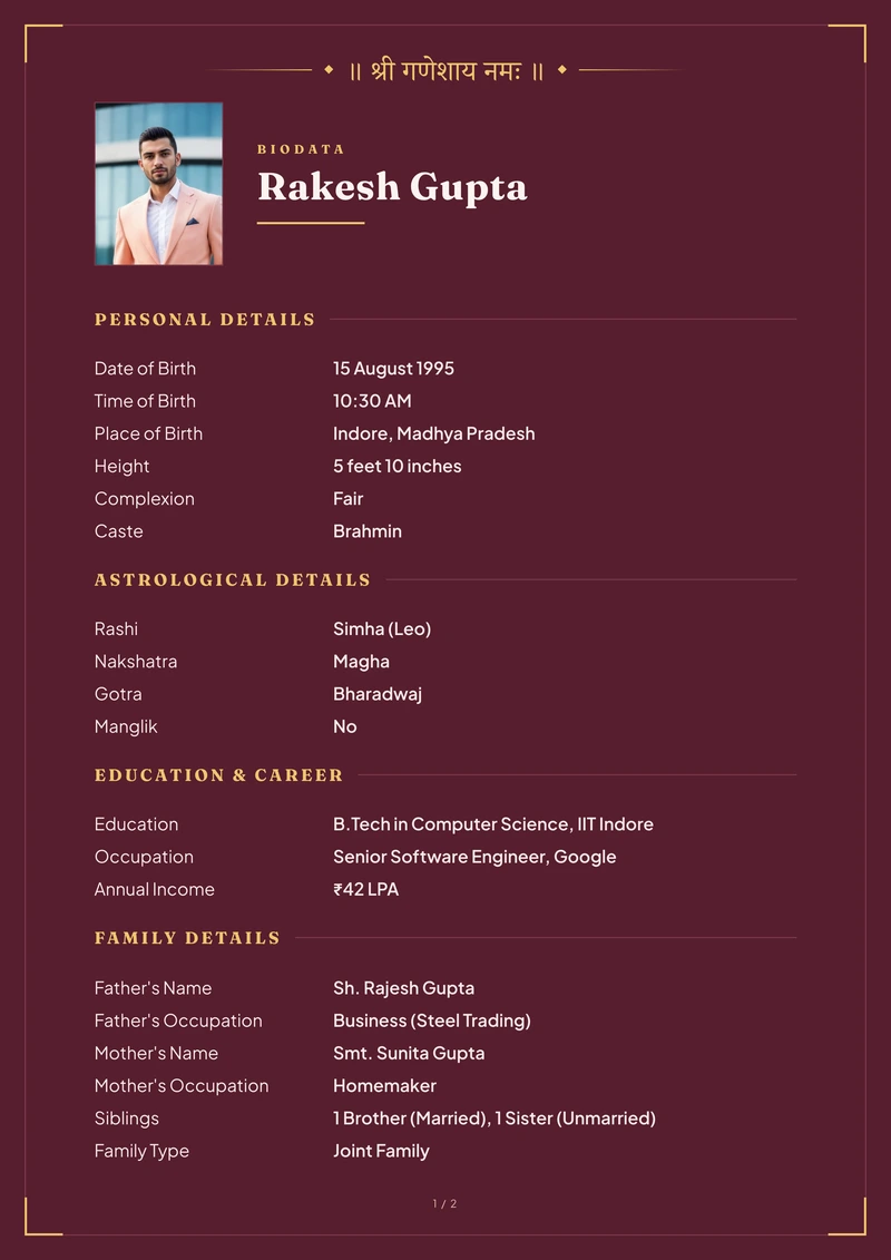 Modern marriage biodata layout