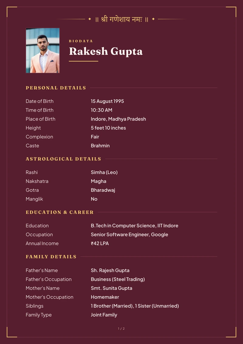 Modern Maroon marriage biodata template — a clean A4 sheet with a passport-style portrait beside the name and no cover page