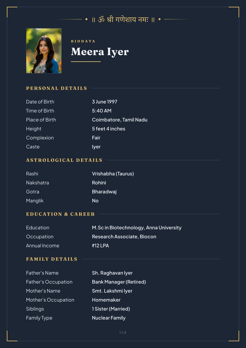 Midnight marriage biodata template — the modern layout in midnight