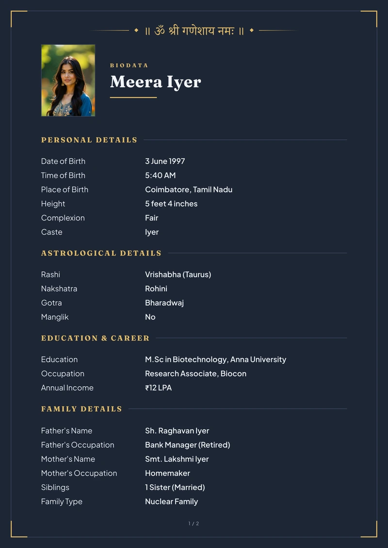 Midnight marriage biodata template — a clean A4 sheet with a passport-style portrait beside the name and no cover page