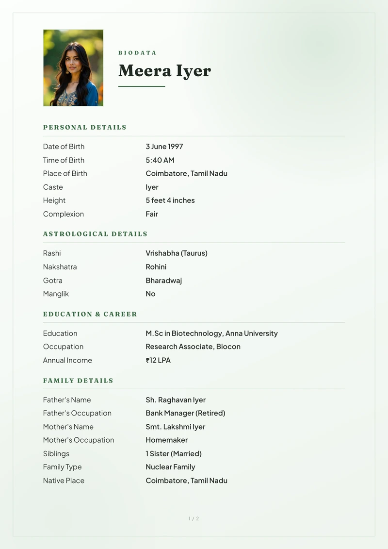 Sage marriage biodata template — watercolour plain on a white A4 cover, with a circular photo and the name in gold