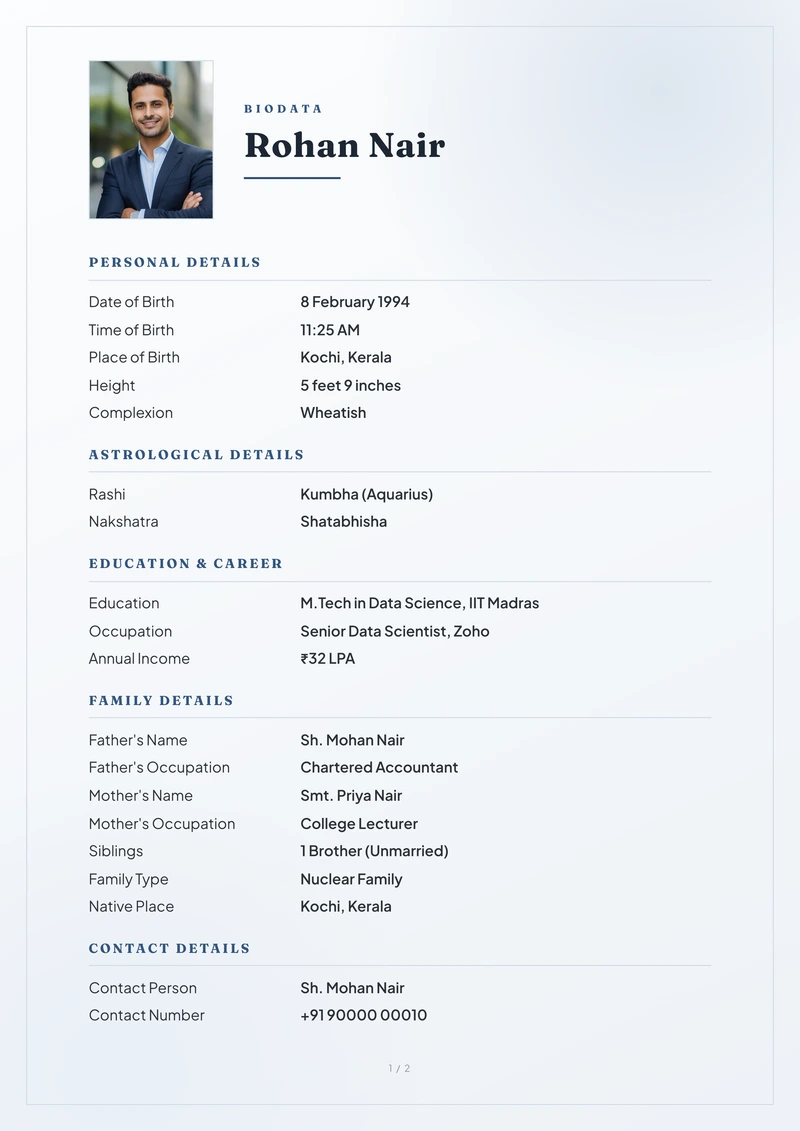 Slate marriage biodata template — watercolour plain on a white A4 cover, with a circular photo and the name in gold