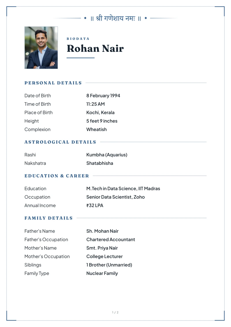 Slate marriage biodata template — the modern layout in blue