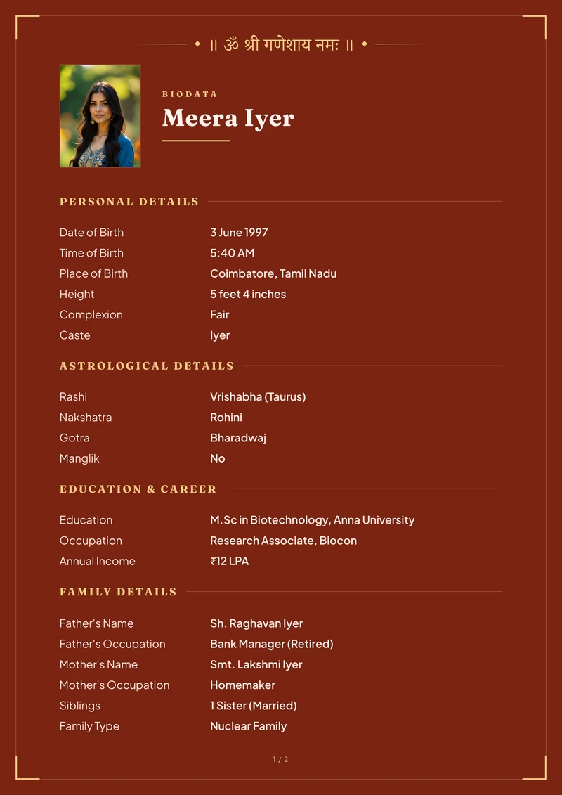 Vermilion marriage biodata template — the modern layout in vermilion