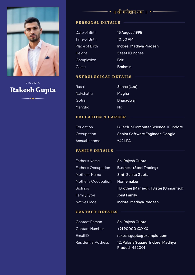 Panel Indigo marriage biodata template — a full-height colour band carrying the portrait and name, details in the column beside it