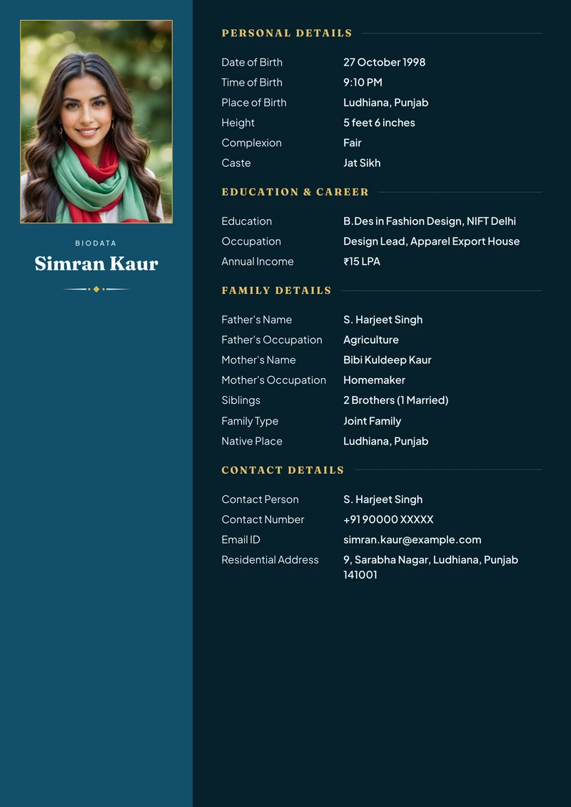 Panel Royal marriage biodata template — a full-height colour band carrying the portrait and name, details in the column beside it
