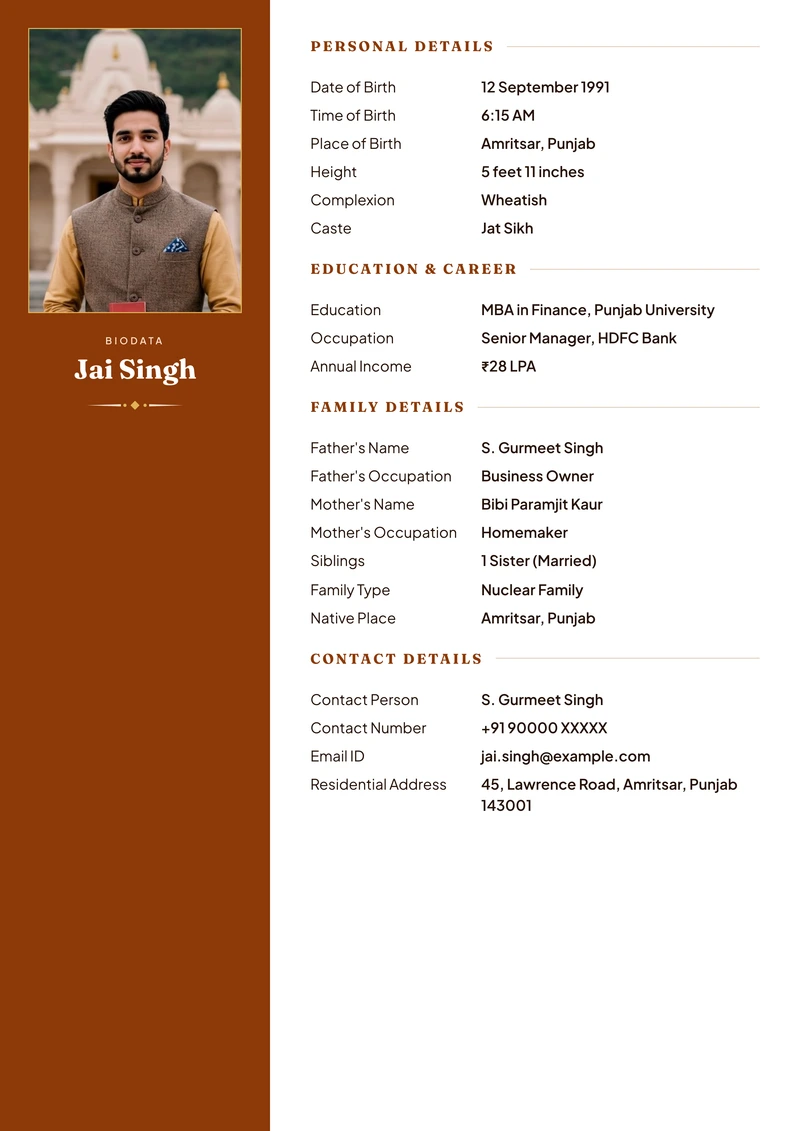 Saffron marriage biodata template — a full-height colour band carrying the portrait and name, details in the column beside it