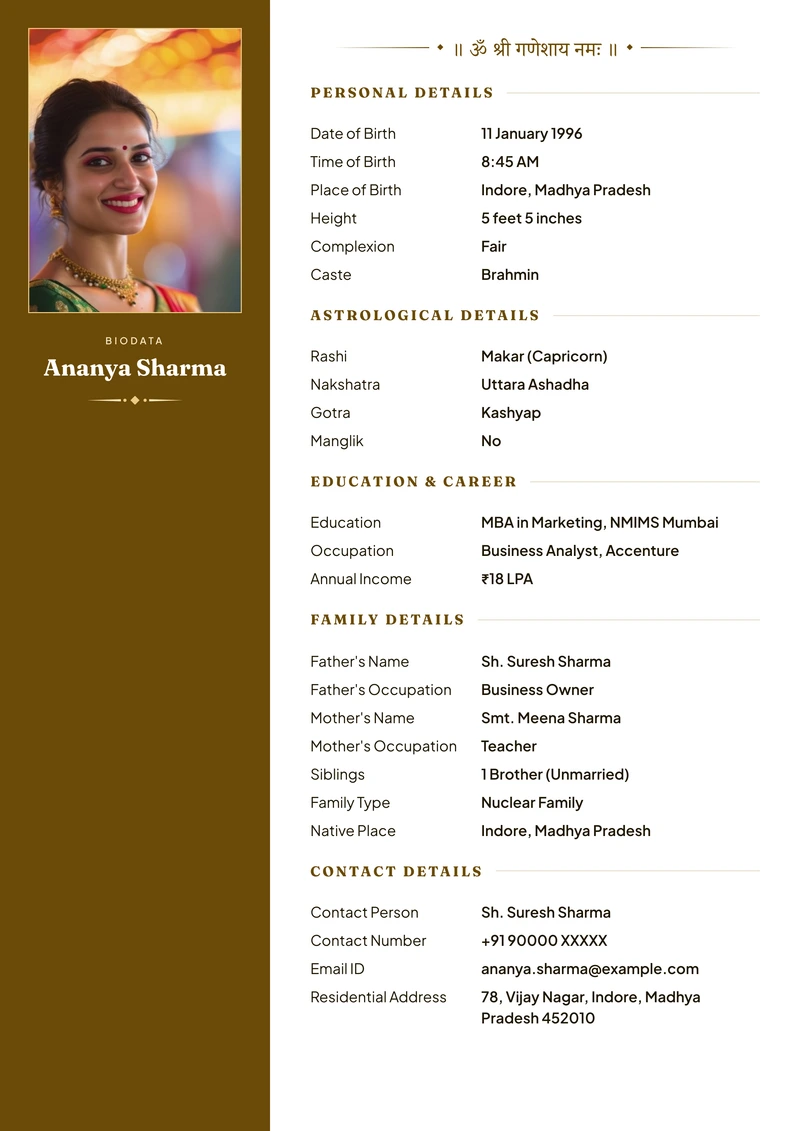 Turmeric marriage biodata template — a full-height colour band carrying the portrait and name, details in the column beside it