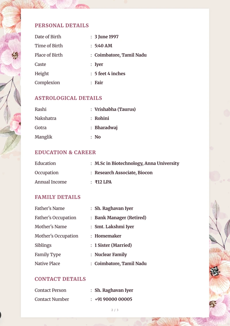 Inside the Petal Drift marriage biodata template — a details page with personal, family and contact information
