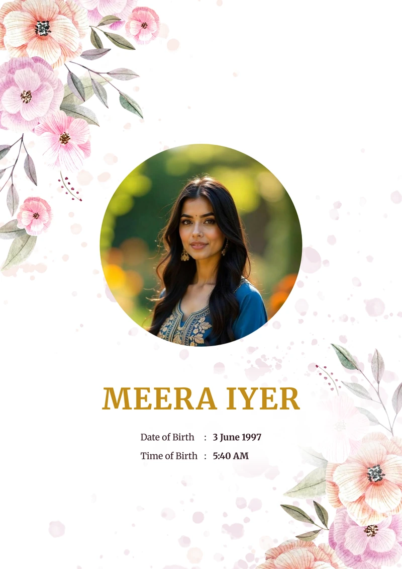 Petal Drift marriage biodata template — watercolour petals on a white A4 cover, with a circular photo and the name in gold