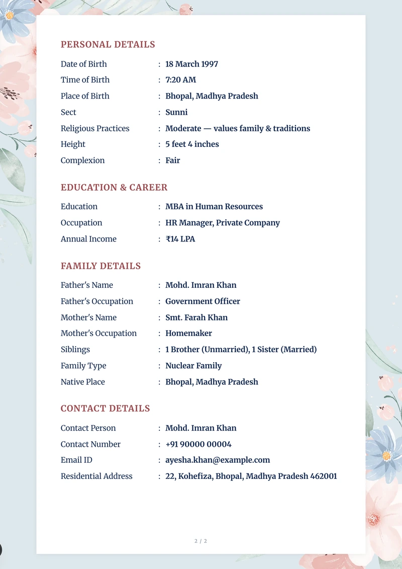 Inside the Powder Rose marriage biodata template — a details page with personal, family and contact information
