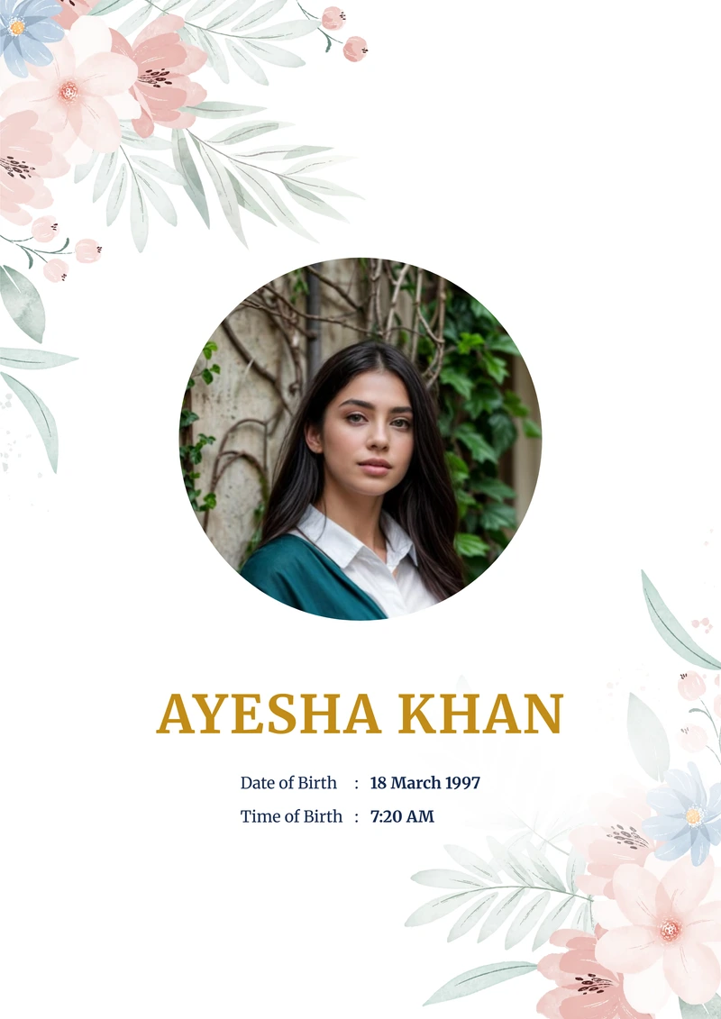 Powder Rose marriage biodata template — watercolour cornflowers on a white A4 cover, with a circular photo and the name in gold