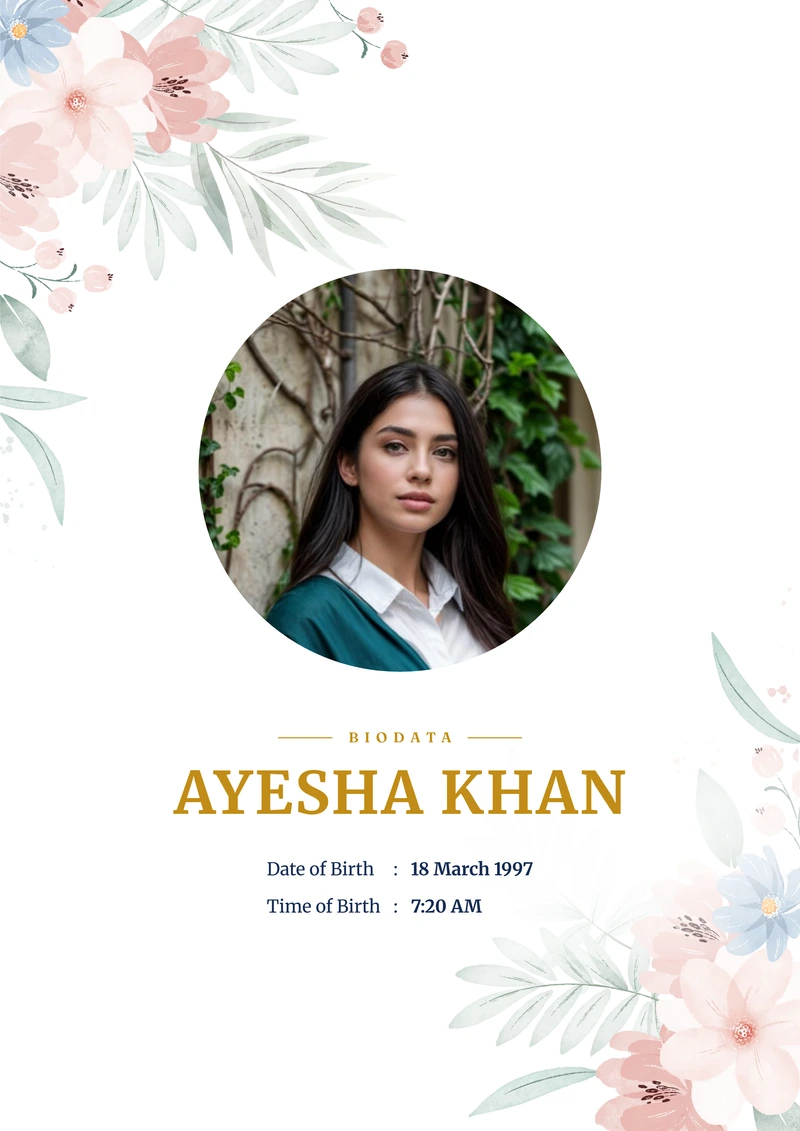 Powder Rose marriage biodata template — the floral layout in blush