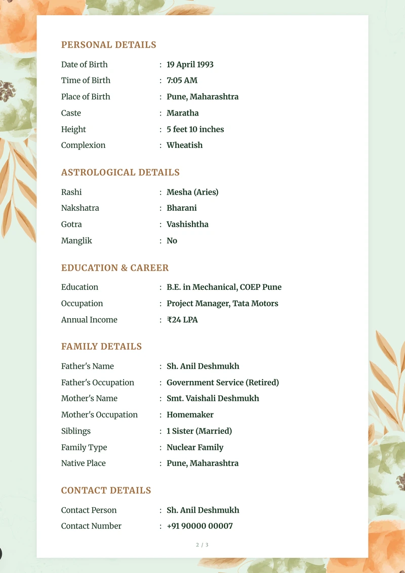 Inside the Sage Bloom marriage biodata template — a details page with personal, family and contact information