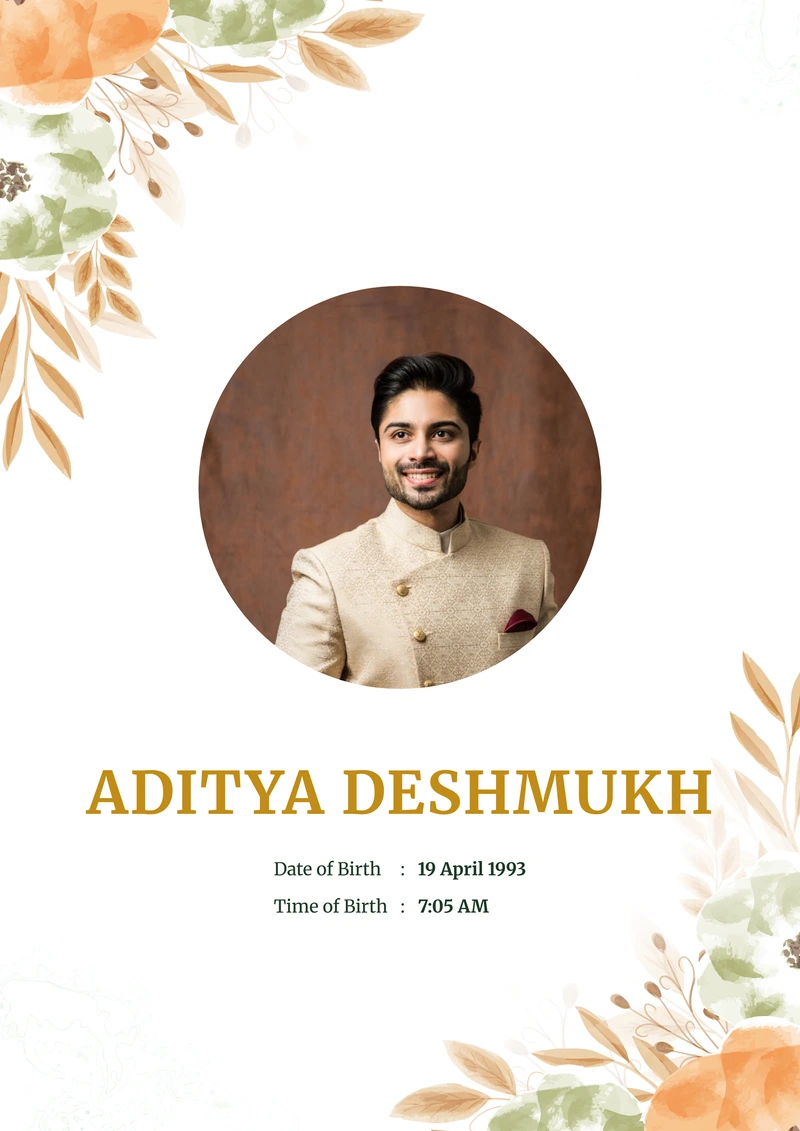 Sage Bloom marriage biodata template — the cover page, at full size