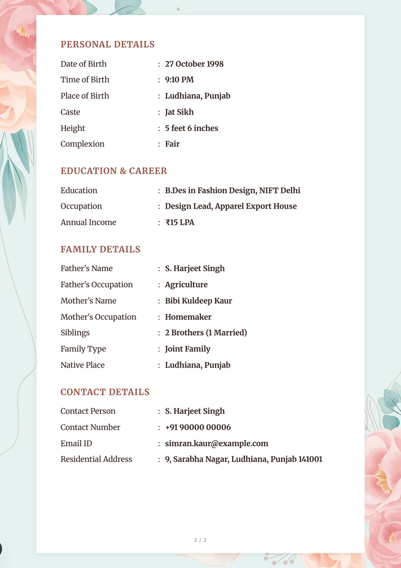 Inside the Seafoam Rose marriage biodata template — a details page with personal, family and contact information