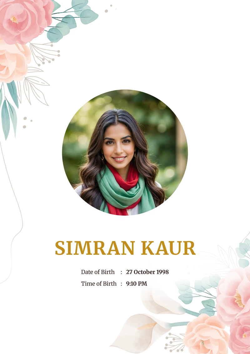 Seafoam Rose marriage biodata template — watercolour eucalyptus on a white A4 cover, with a circular photo and the name in gold