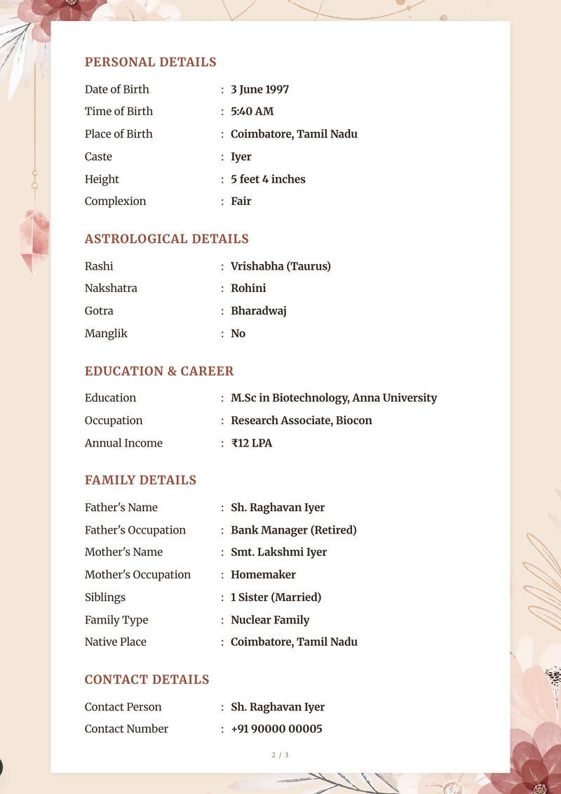 Inside the Terracotta marriage biodata template — a details page with personal, family and contact information