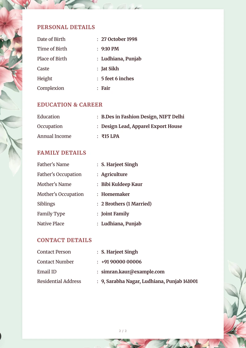 Inside the Wild Cosmos marriage biodata template — a details page with personal, family and contact information