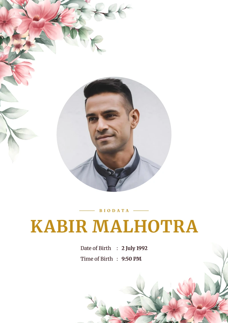 Wild Cosmos marriage biodata template — the floral layout in pink