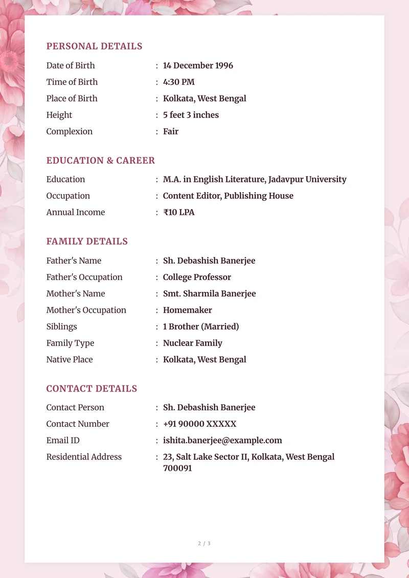 The same biodata, inside — personal, education, family and contact rows