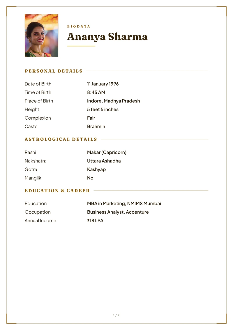 Marriage biodata sample in English, set in Latin script